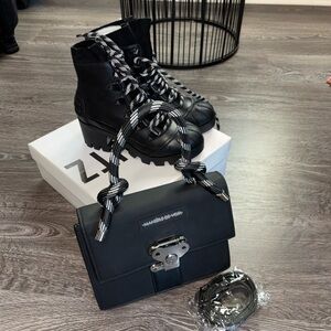 Shutz Black Leather Chunky Sole Boots hiking stylish w/ matching bag